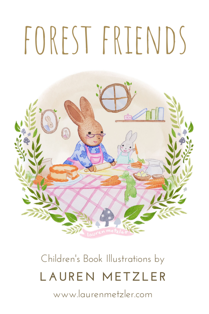 Grandma bunny and baby bunny baking carrot cake. Forest Friends by Lauren Metzler. See more work at http://laurenmetzler.com/
