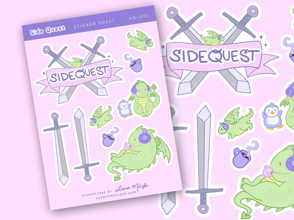 photo of Side Quest comic stickers by Lauren Metzler