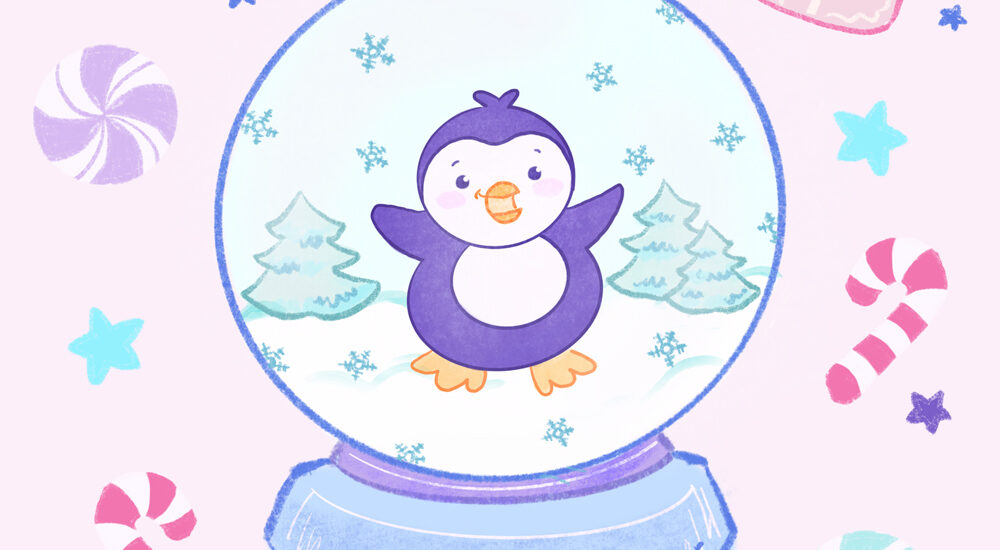 Christmas penguin in a snowglobe surrounded by candy canes