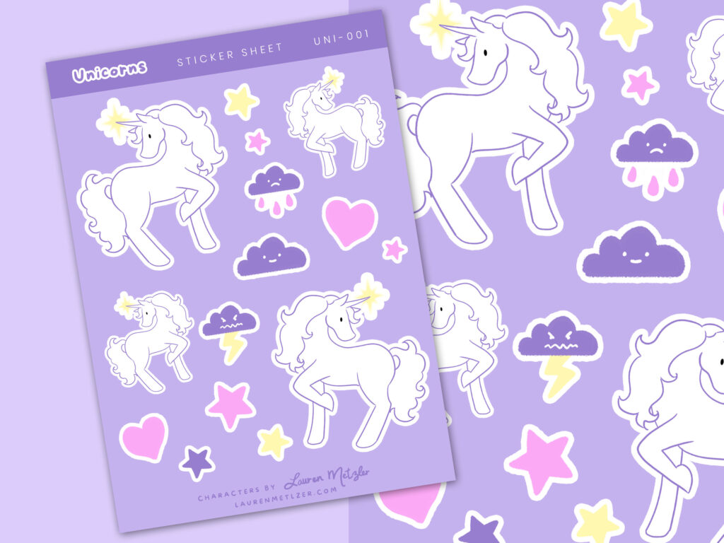 image of unicorn sticker sheet with hearts and clouds