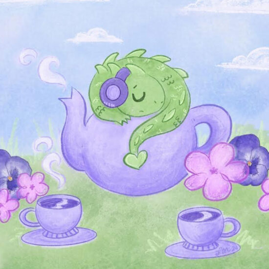 image of a dragon sleeping on a teapot surrounded by tea and flowers