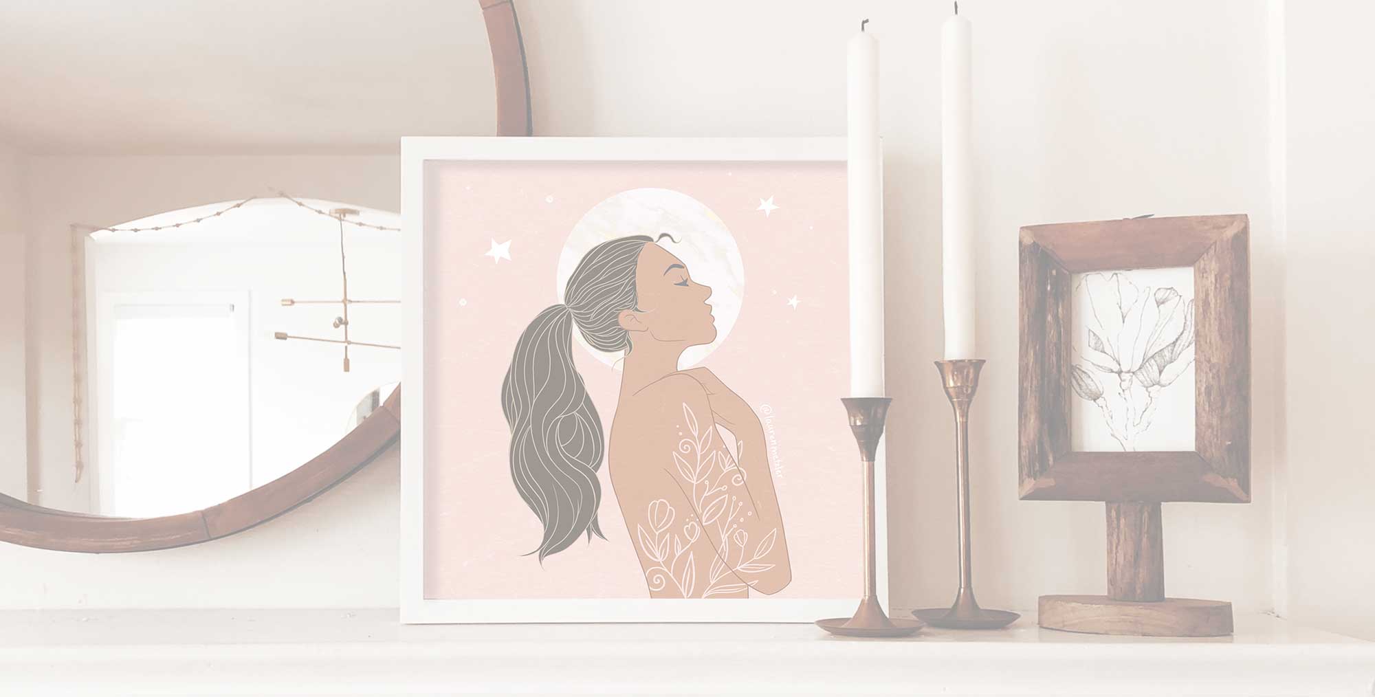 image of an art print by Lauren Metzler featuring a woman painted with the moon behind her