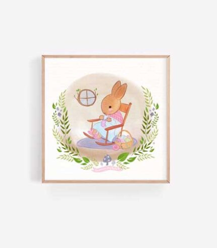 watercolour painting of a cozy bunny knitting in a rocking chair.