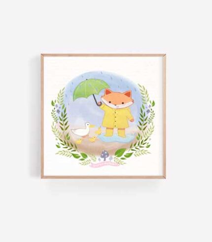 painting of a fox holding an umbrella for ducks during a rainy day