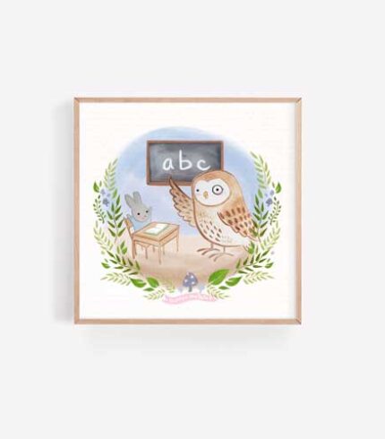 watercolour painting by Lauren Metzler of a baby bunny and teacher owl