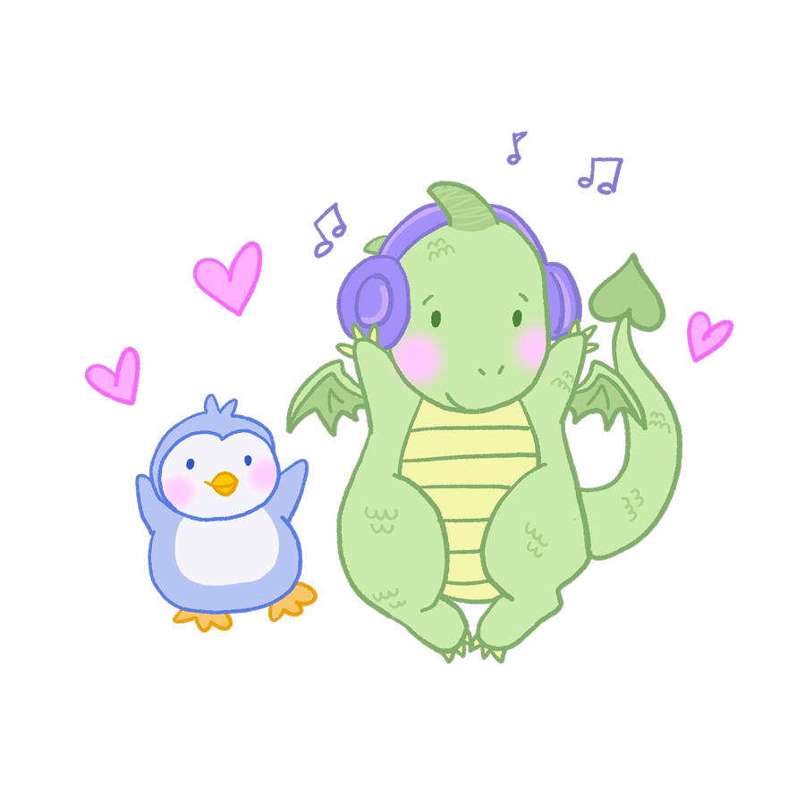 Autistic penguin and dragon with noise cancelling headphones