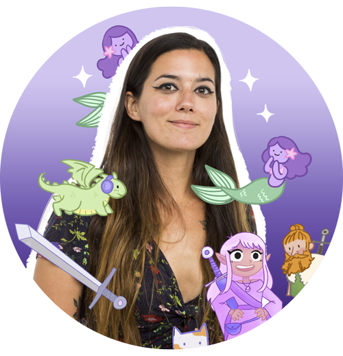 image of Lauren Metzler surrounded by Side Quest comic illustrations including a sword, Autistic baby dragon, mermaids, sword, an elf girl a kitty.