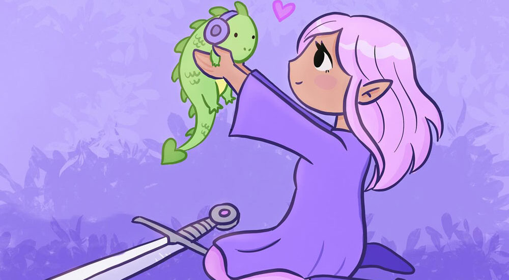 elf girl with sword holding a baby autistic dragon panel for Side Quest comic by Lauren Metzler