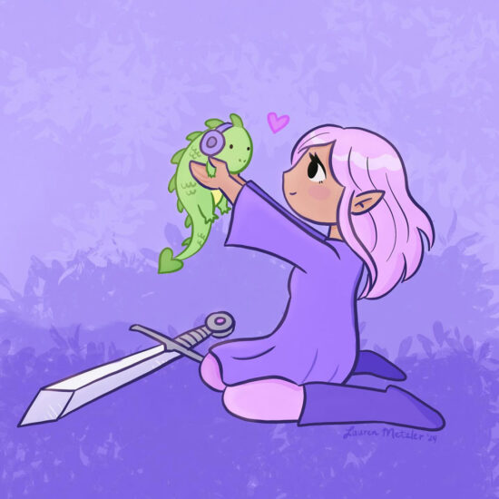 elf girl with sword holding a baby autistic dragon panel for Side Quest comic by Lauren Metzler