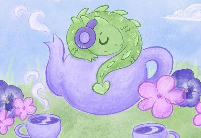 image of a dragon sleeping on a teapot surrounded by tea and flowers