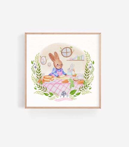 children's book illustration of a Grandma bunny and baby bunny baking carrot cake by Lauren Metzler.